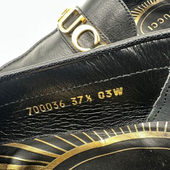 GUCCI Cara Signature Letters Logo Black Loafers Size 37.5 Leather Flat Shoes - Picture 7 of 14